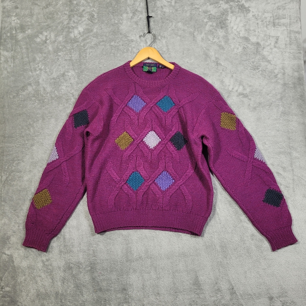 VTG Colours by Alexander Julian Hand Cable Knit Sweater Mens Medium Wool Cotton